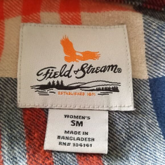 Vintage Field & Stream Flannel Shirt 60s 70s Orange Blue Plaid Button Sleeves SM - Picture 6 of 8